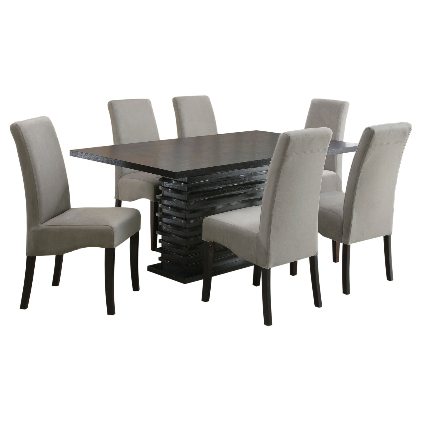 Grey Upholstered Dining Chairs and Pedestal Table Set