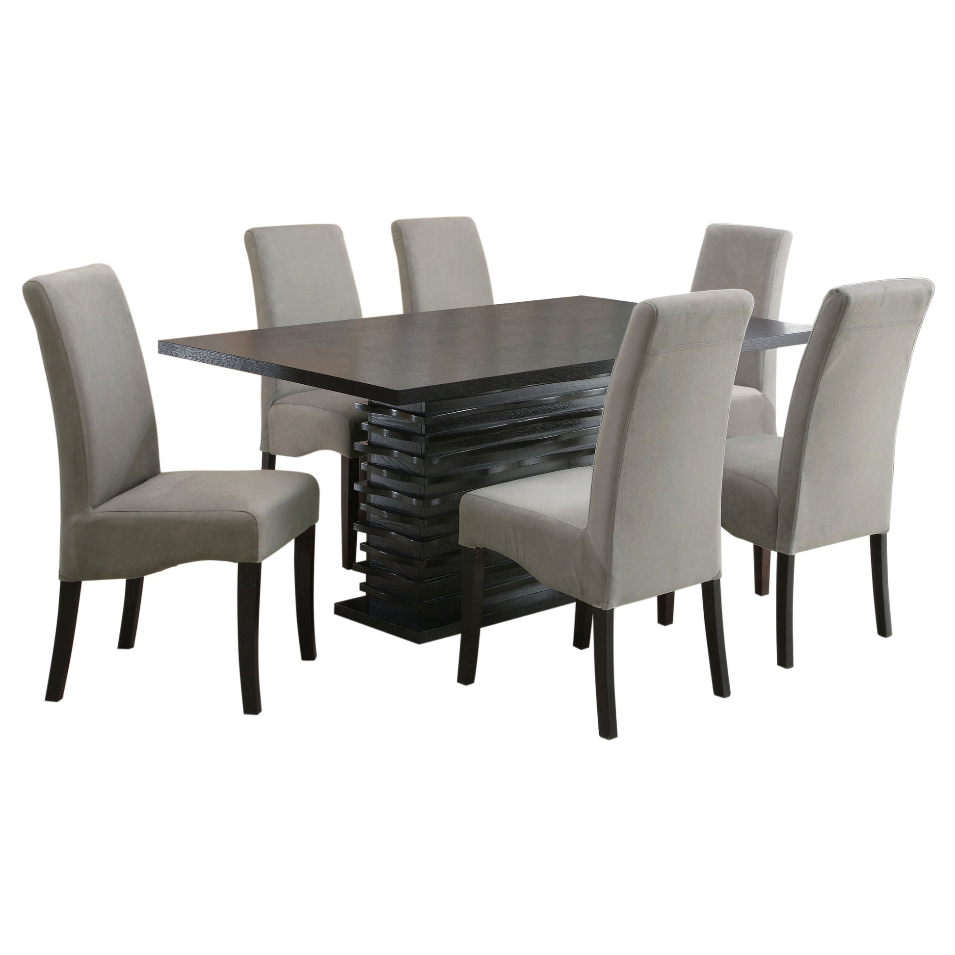 Grey Upholstered Dining Chairs and Pedestal Table Set