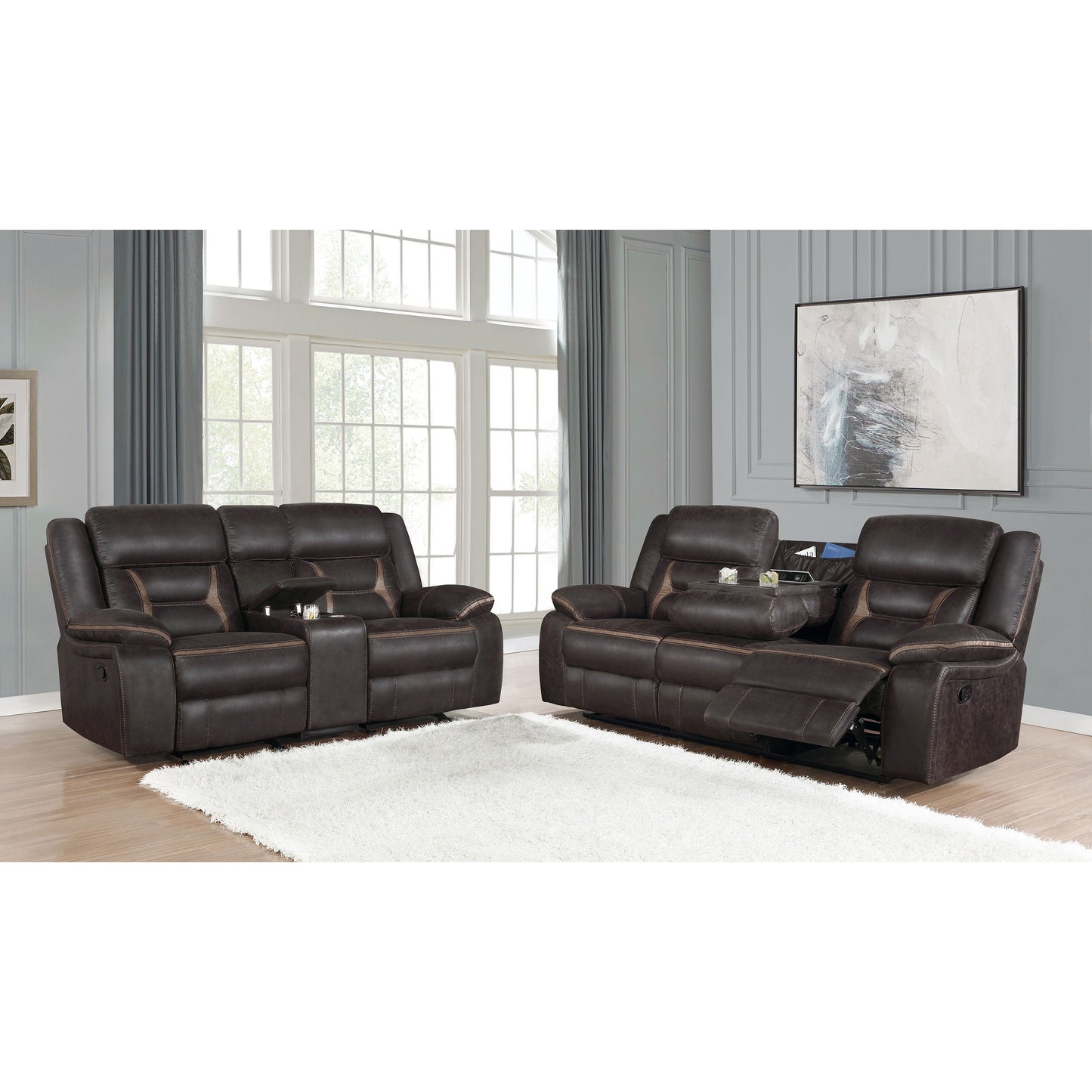 Brown Upholstered 5 Seat Motion Sofa for Living Room