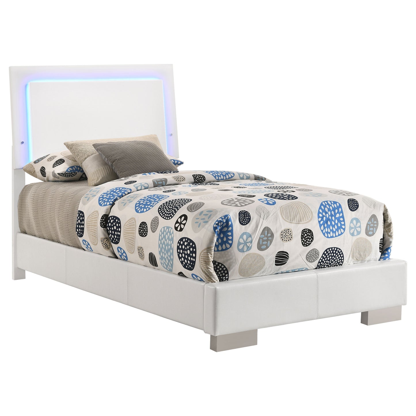 White High Gloss Twin LED Panel Bed - Faux Leather