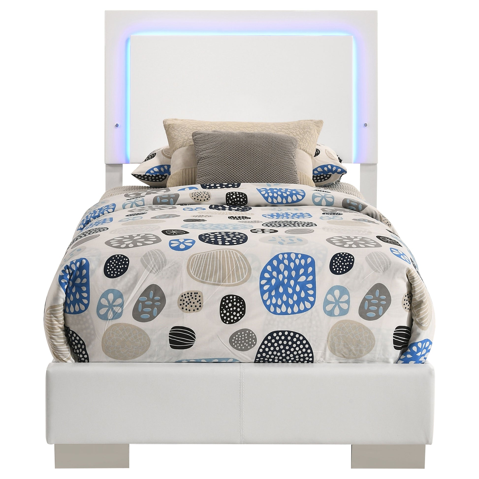 White High Gloss Twin LED Panel Bed - Faux Leather