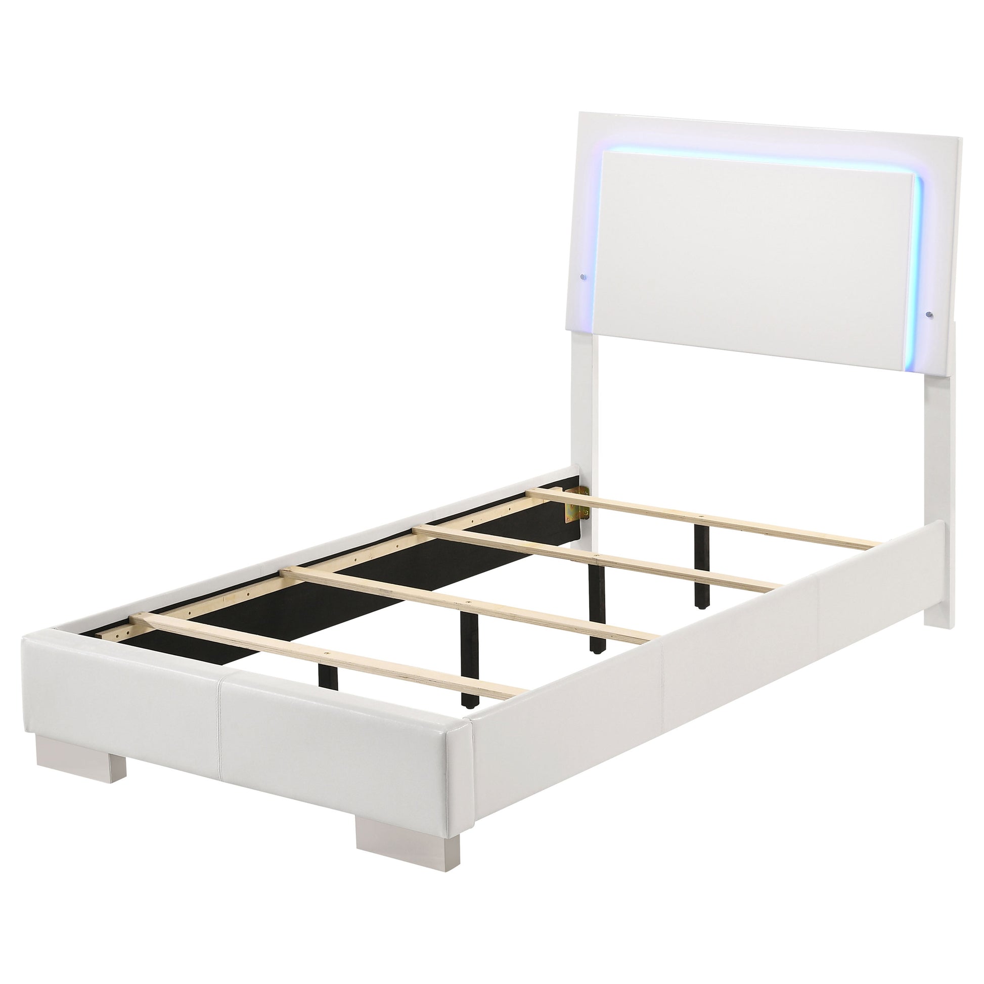 White High Gloss Twin LED Panel Bed - Faux Leather