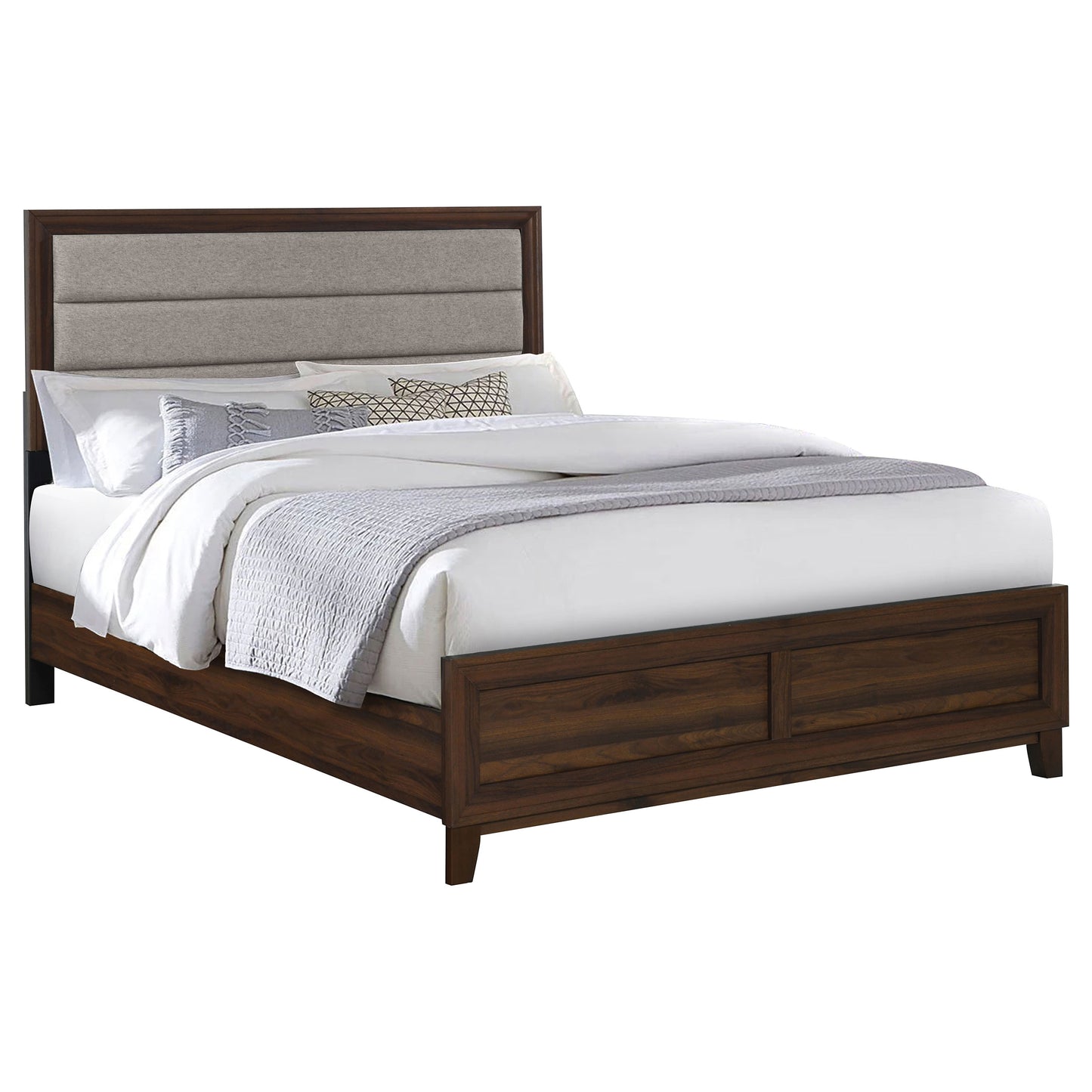 Queen Walnut Upholstered Bed Frame - Transitional Style