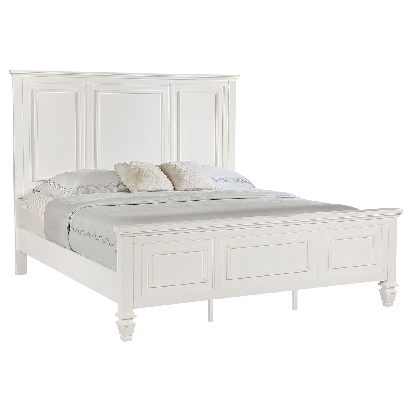 King Panel Bed Cream White Wood Frame 63" for Bedroom