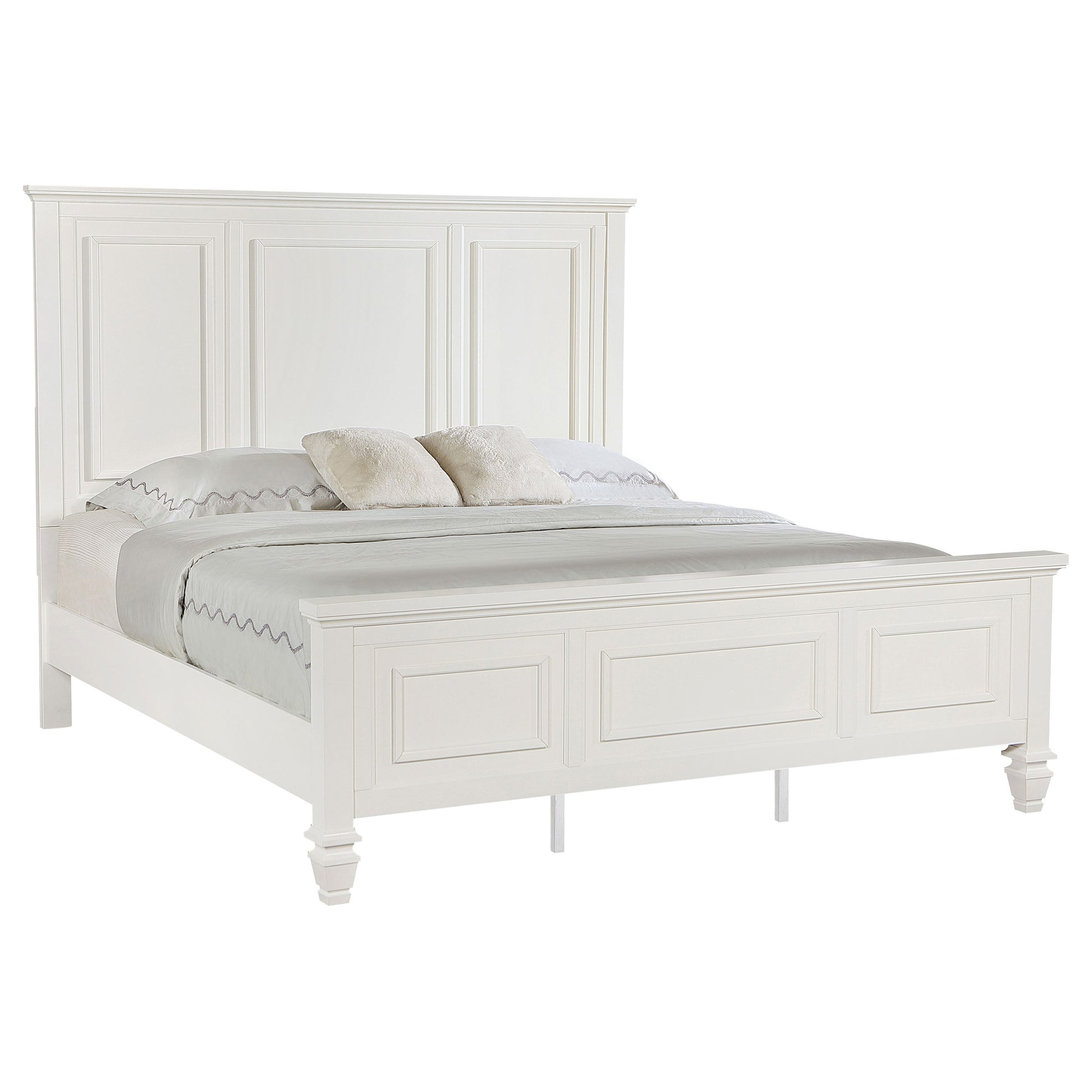 King Panel Bed Cream White Wood Frame 63" for Bedroom
