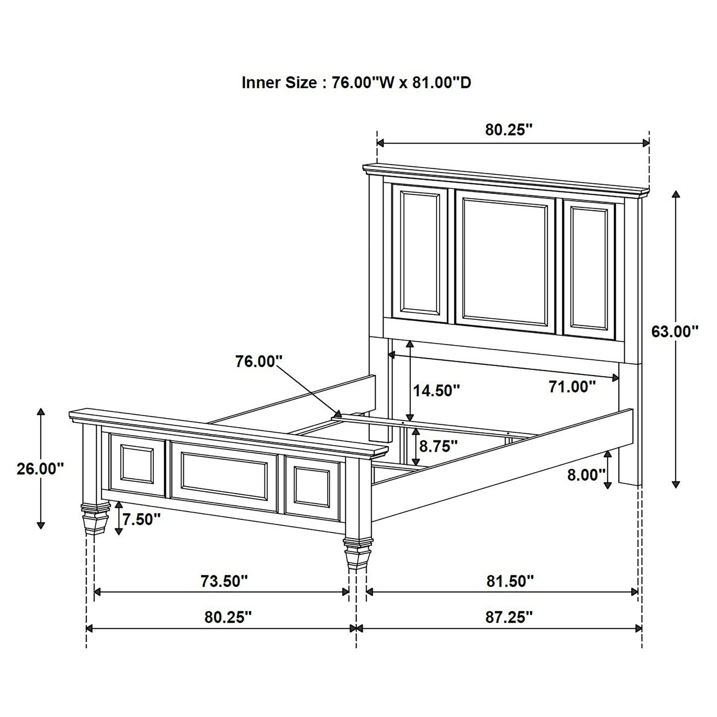 King Panel Bed Cream White Wood Frame 63" for Bedroom