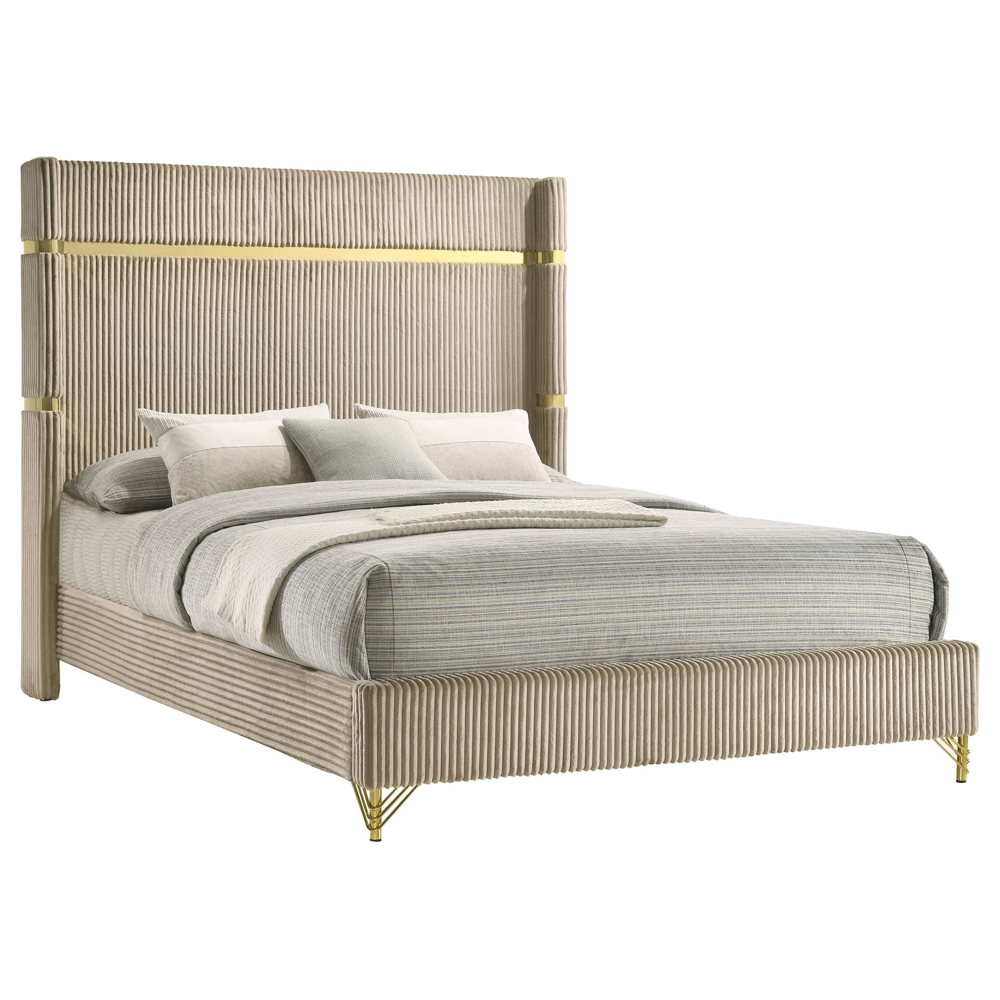 Beige Upholstered Queen Wingback Bed - Classic Modern for Bedroom