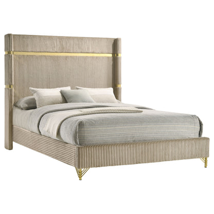 Beige Upholstered Queen Wingback Bed - Classic Modern for Bedroom