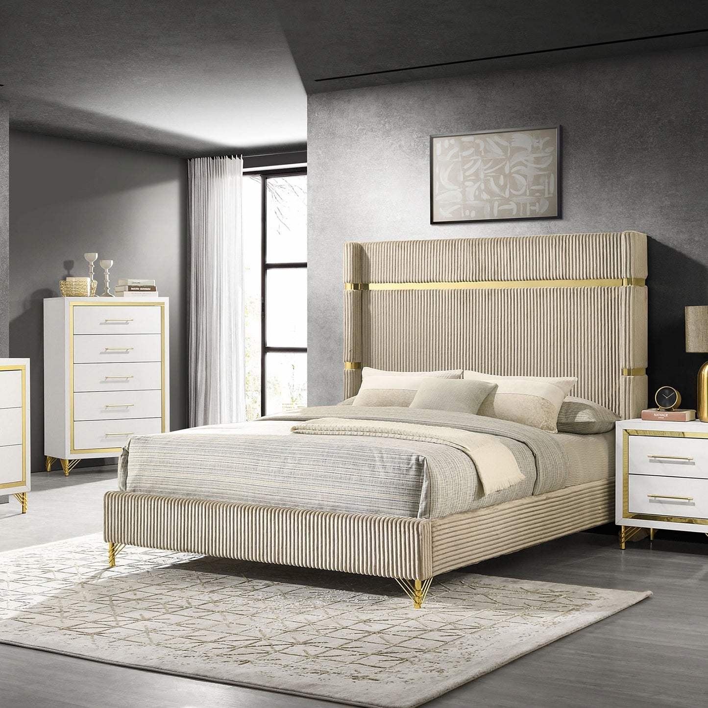 Beige Upholstered Queen Wingback Bed - Classic Modern for Bedroom