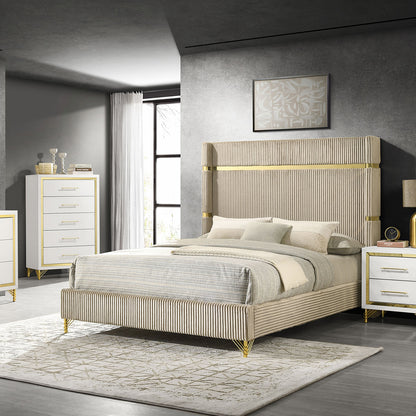Beige Upholstered Queen Wingback Bed - Classic Modern for Bedroom