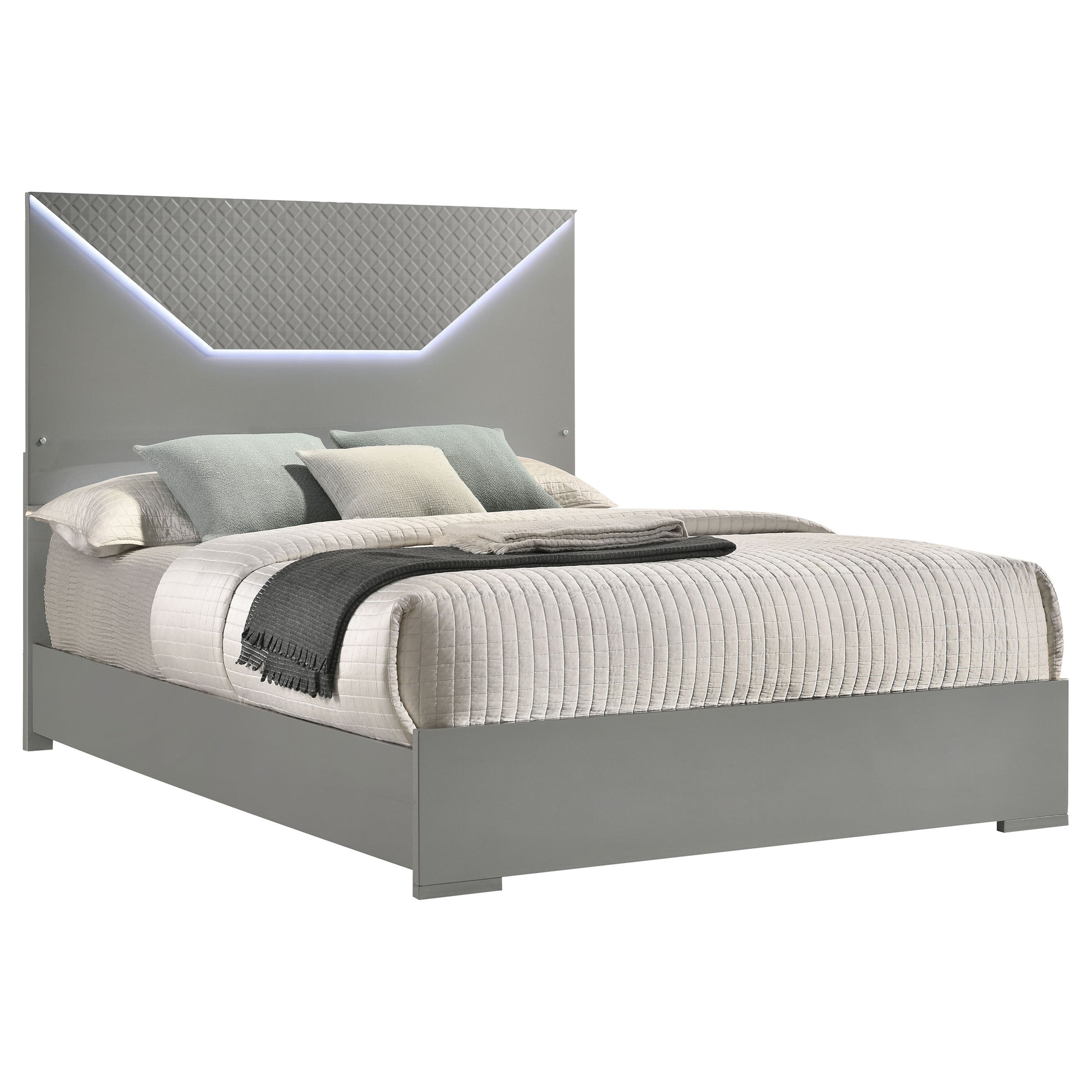 Grey Wood Panel Queen Bed with LED Headboard for Modern Bedrooms