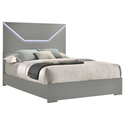 Grey Wood Panel Queen Bed with LED Headboard for Modern Bedrooms