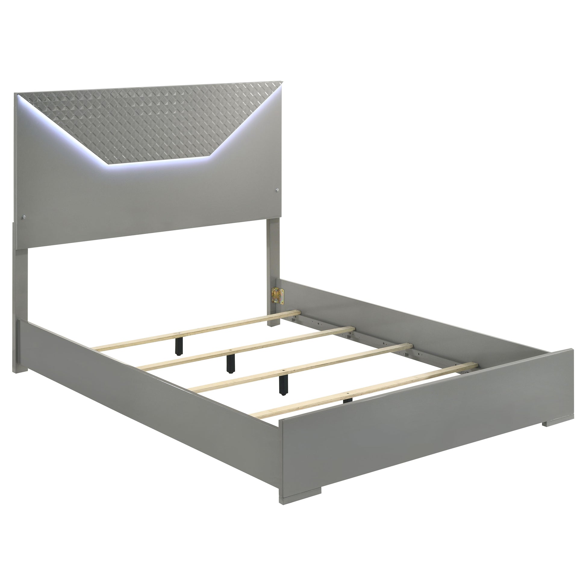 Grey Wood Panel Queen Bed with LED Headboard for Modern Bedrooms