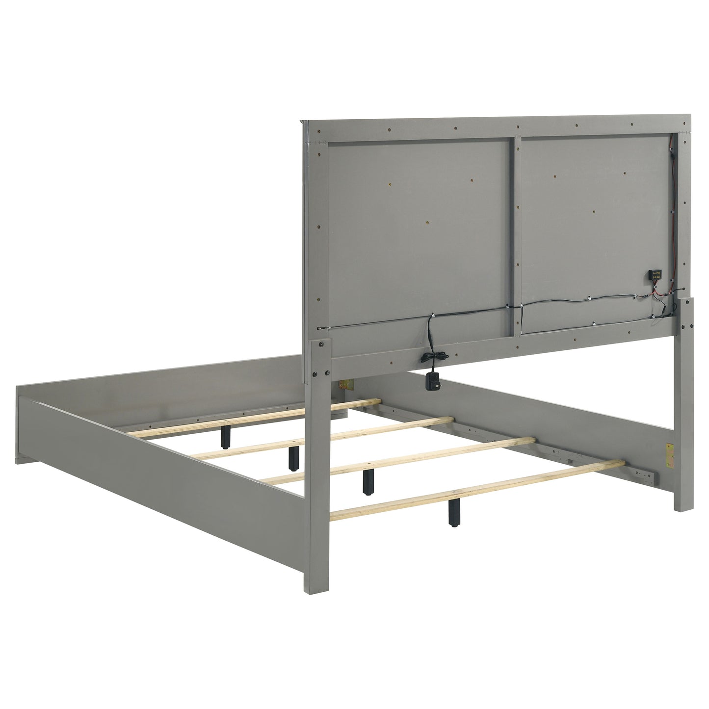 Grey Wood Panel Queen Bed with LED Headboard for Modern Bedrooms