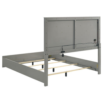 Grey Wood Panel Queen Bed with LED Headboard for Modern Bedrooms