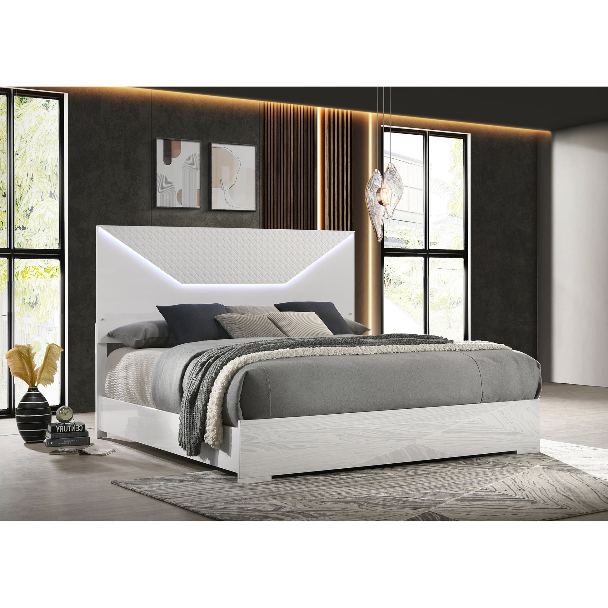 Pierce White High Gloss LED Headboard Eastern King Panel Bed
