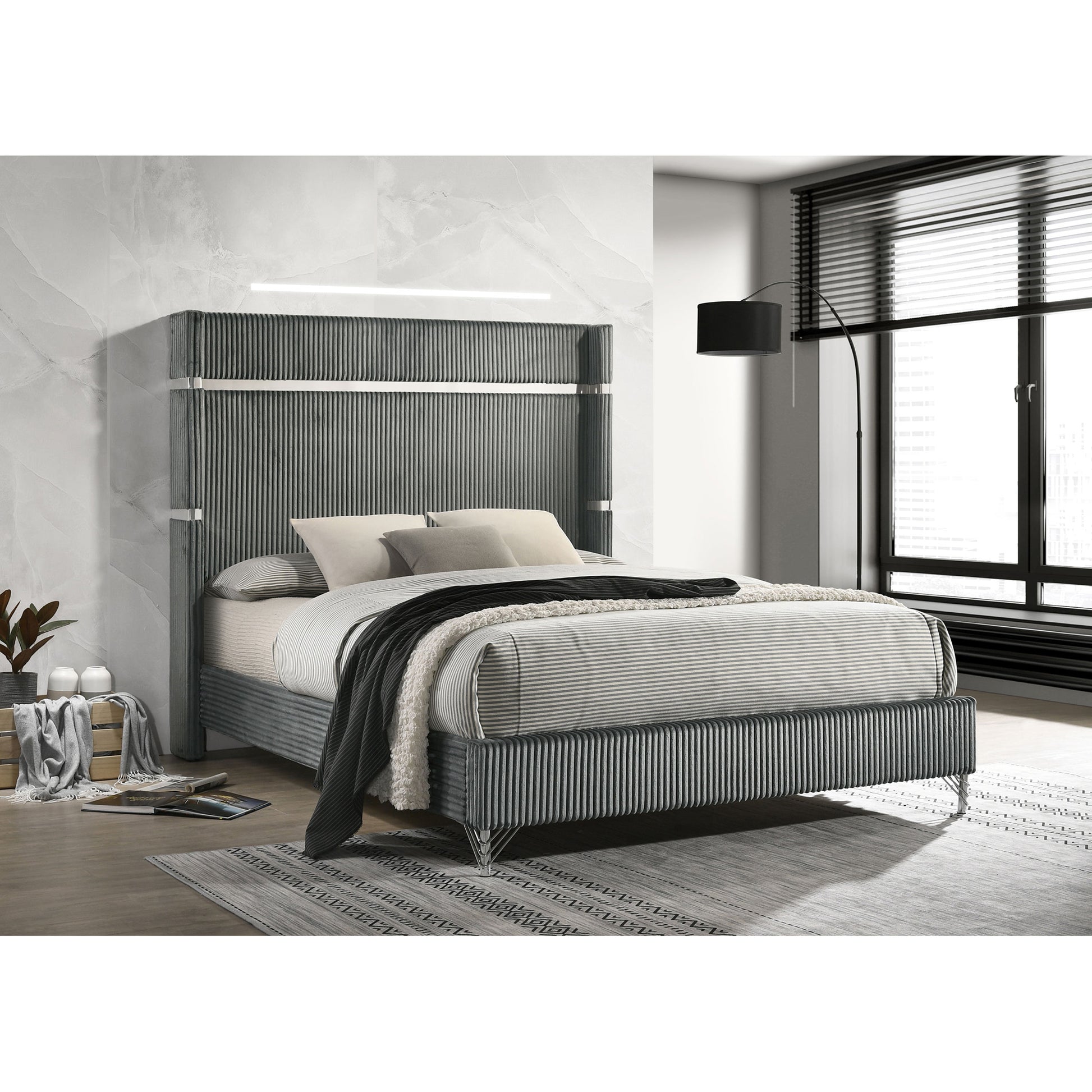 Malcolm Grey Upholstered Queen Wingback Bed