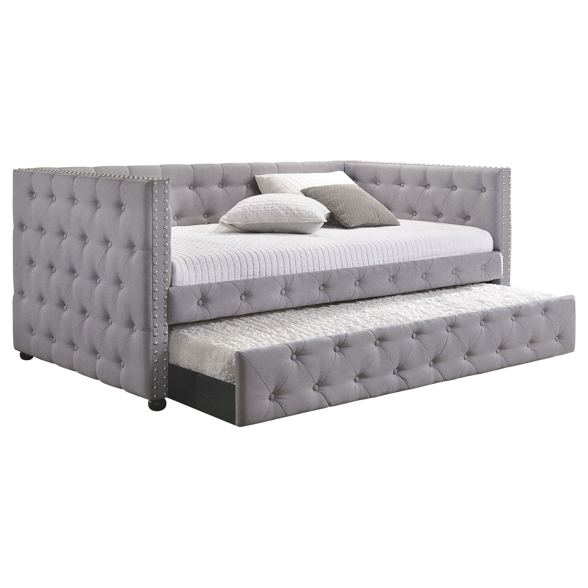 Grey Upholstered Twin Daybed with Trundle - Bedroom Furniture