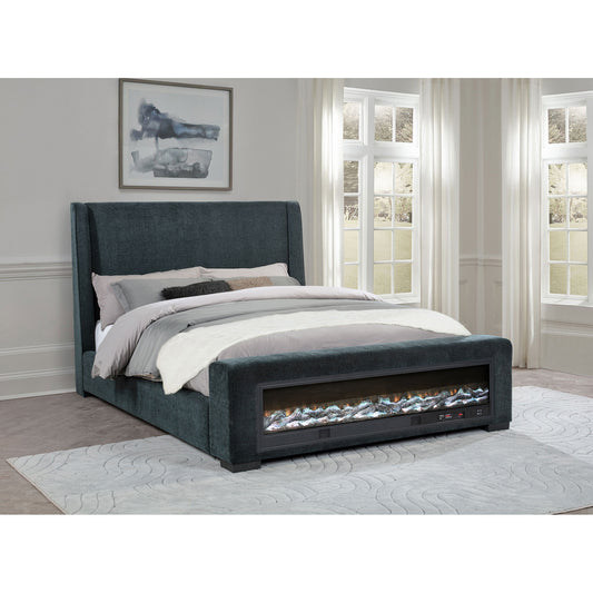 Sebastian Dark Blue Upholstered Queen Audio Flame Visualizer Bed