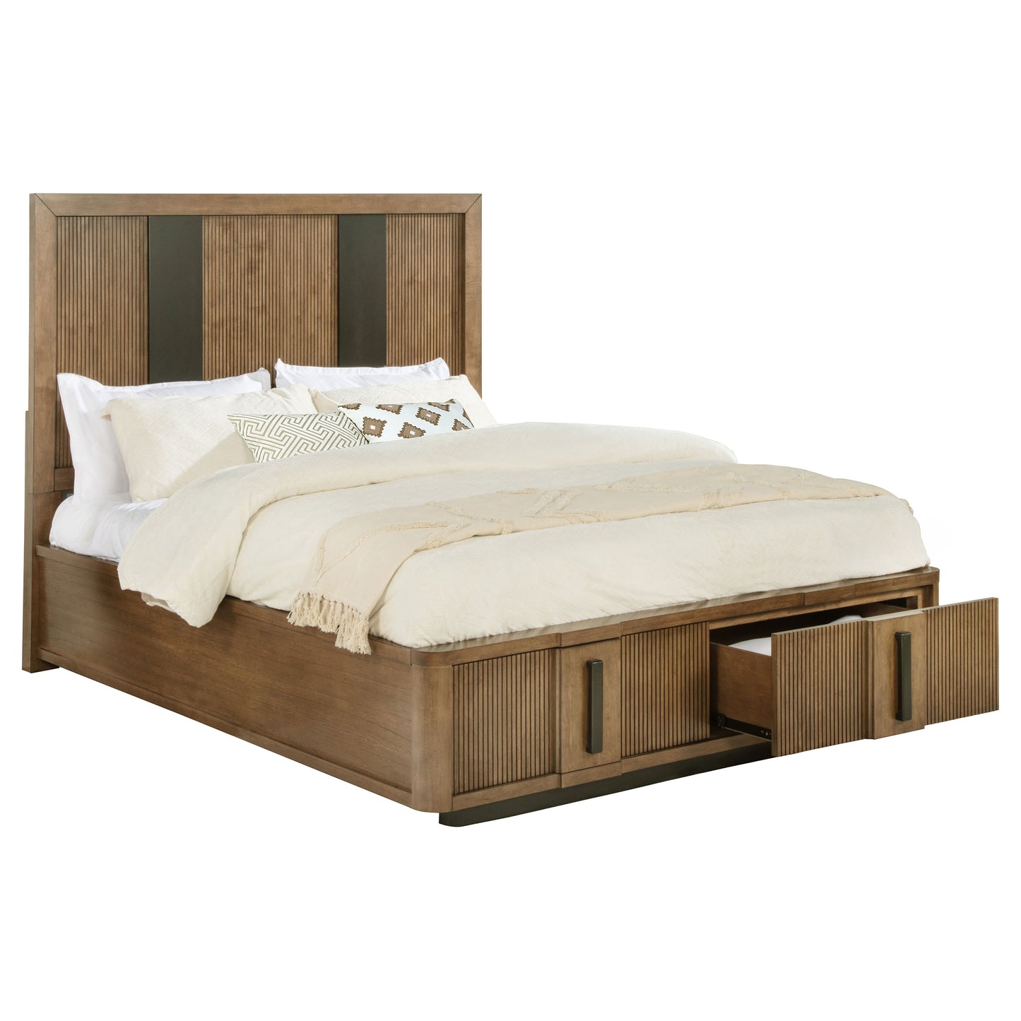 Queen Ash Brown Wood Bed Frame - Storage Headboard