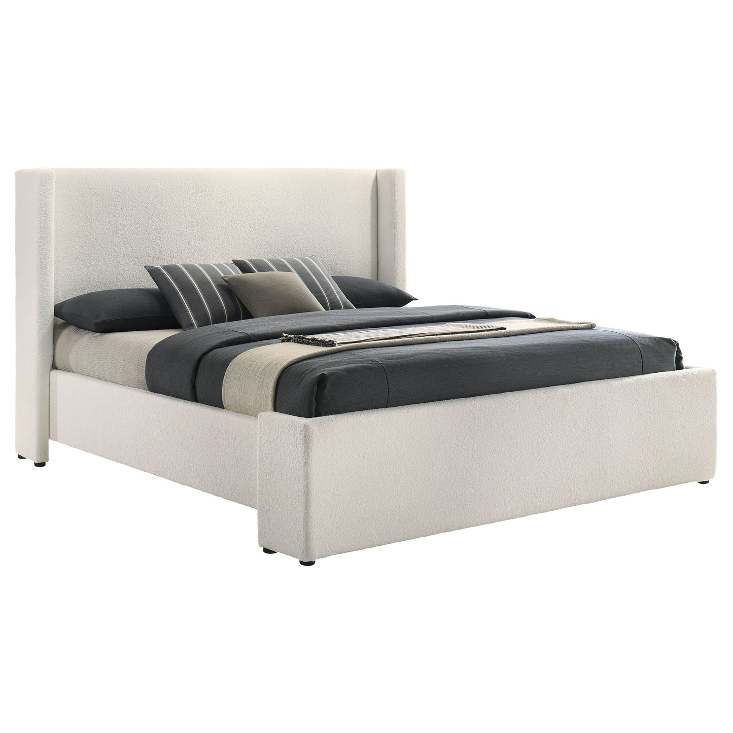White Upholstered King Wingback Bed Frame with Boucle Fabric for Bedroom