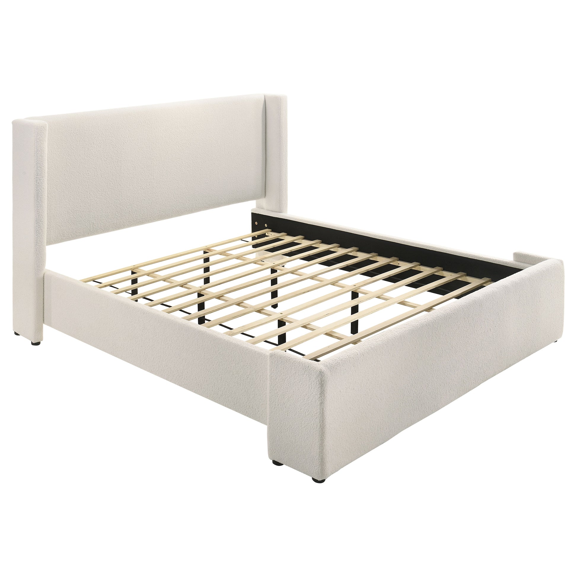 White Upholstered King Wingback Bed Frame with Boucle Fabric for Bedroom