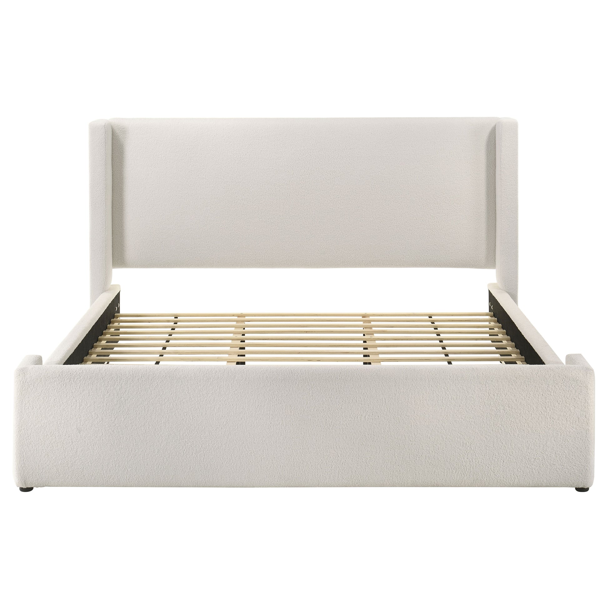 White Upholstered King Wingback Bed Frame with Boucle Fabric for Bedroom