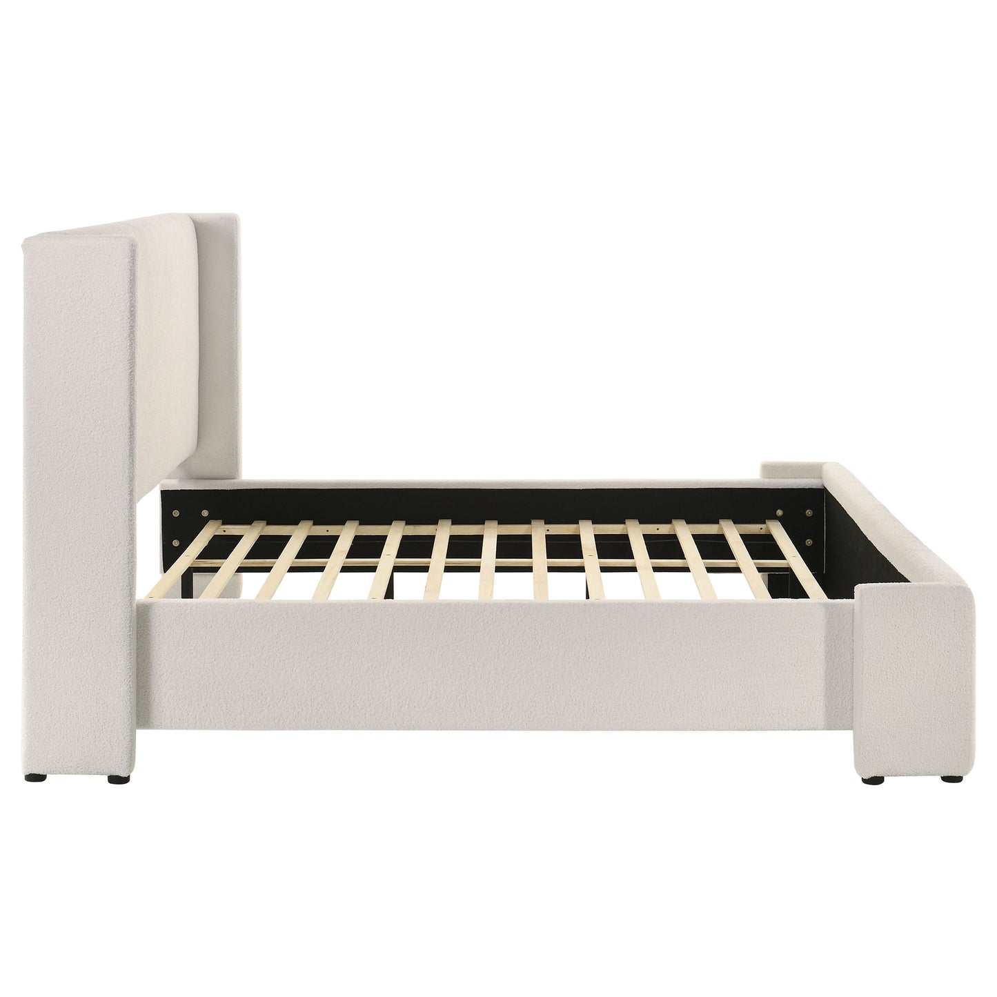 White Upholstered King Wingback Bed Frame with Boucle Fabric for Bedroom