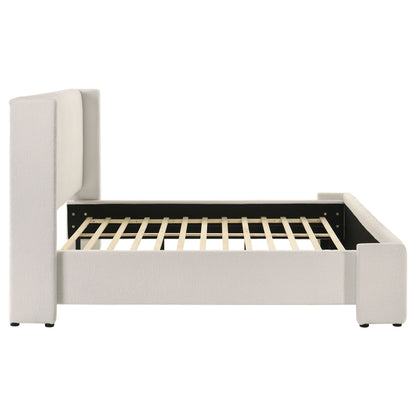 White Upholstered King Wingback Bed Frame with Boucle Fabric for Bedroom