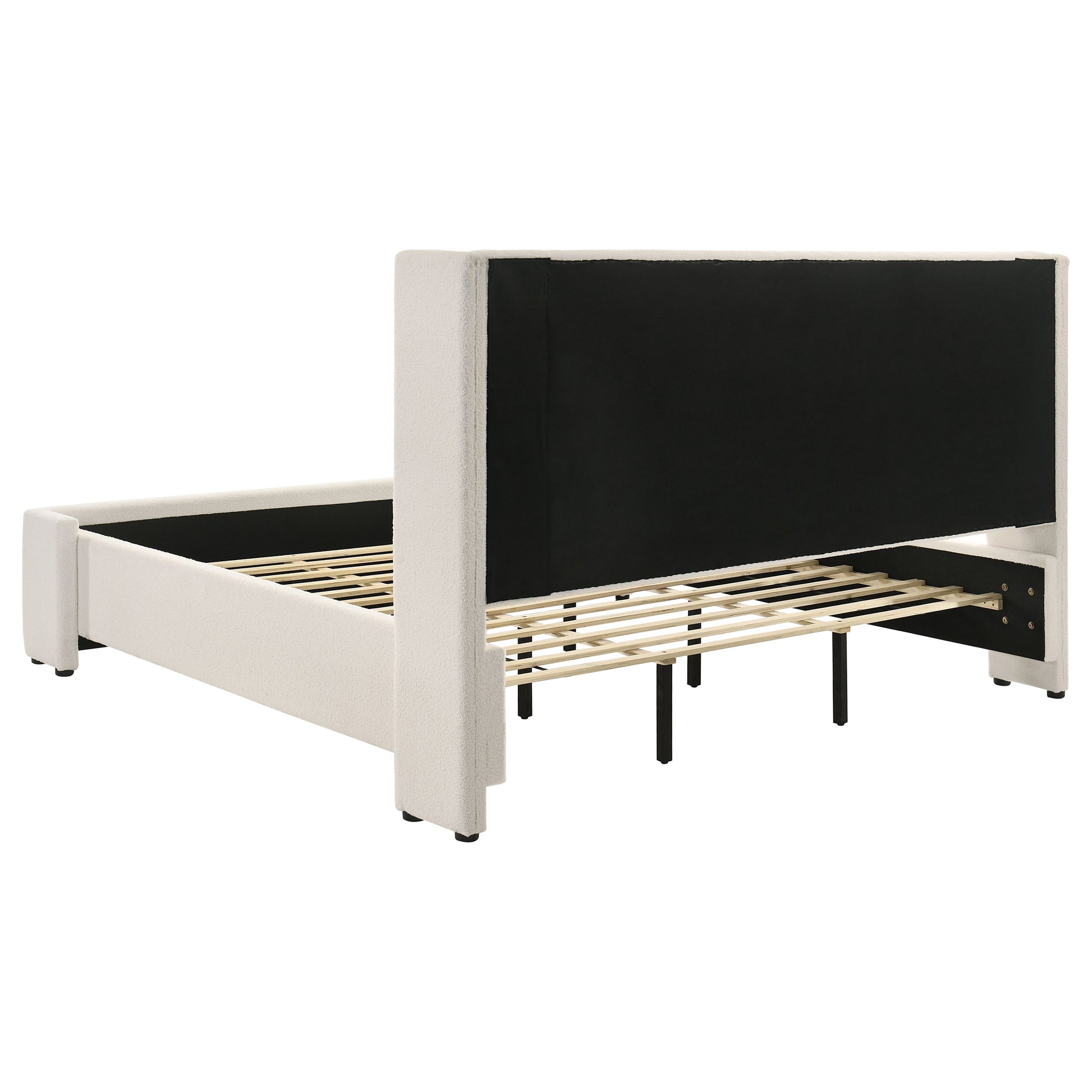 White Upholstered King Wingback Bed Frame with Boucle Fabric for Bedroom