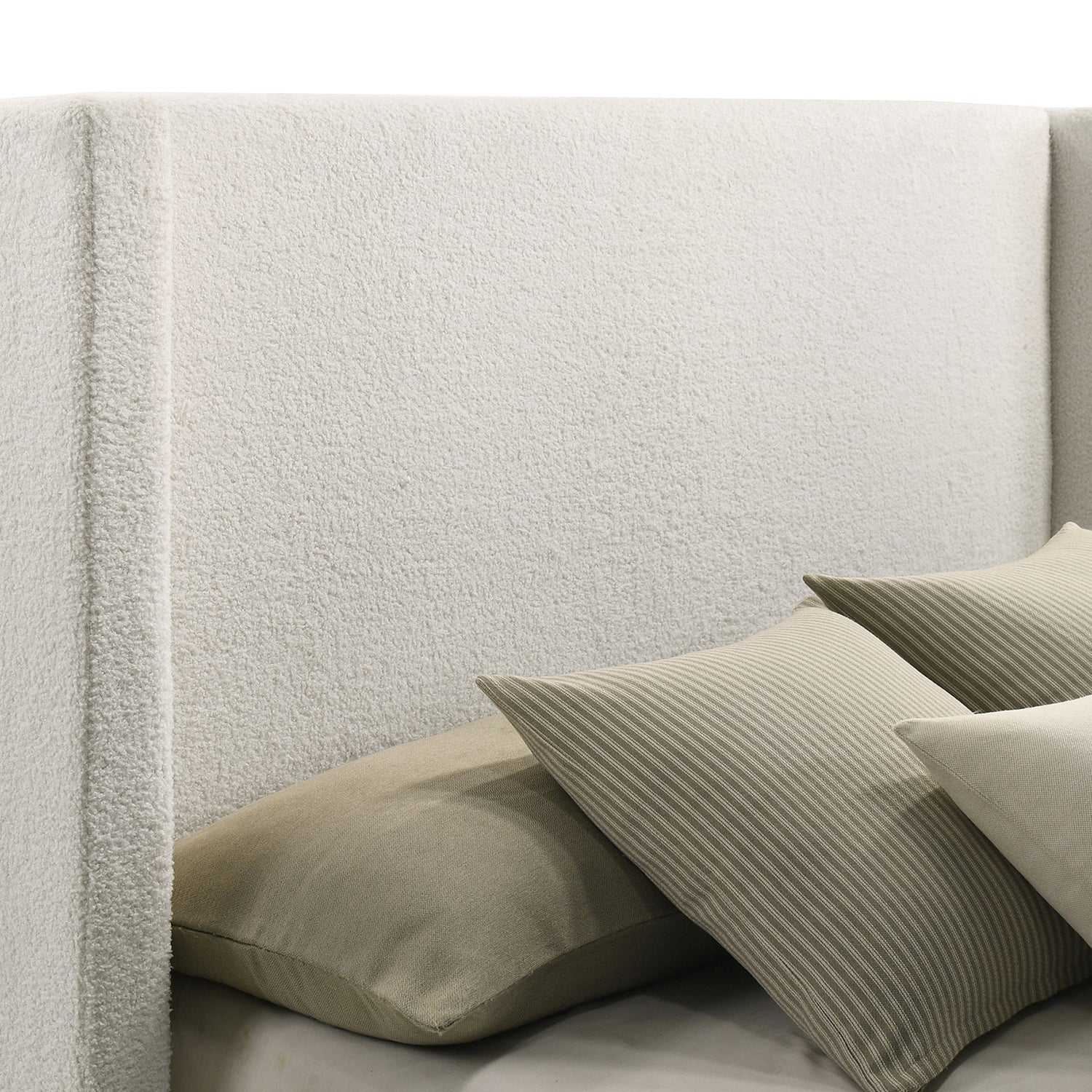 White Upholstered King Wingback Bed Frame with Boucle Fabric for Bedroom