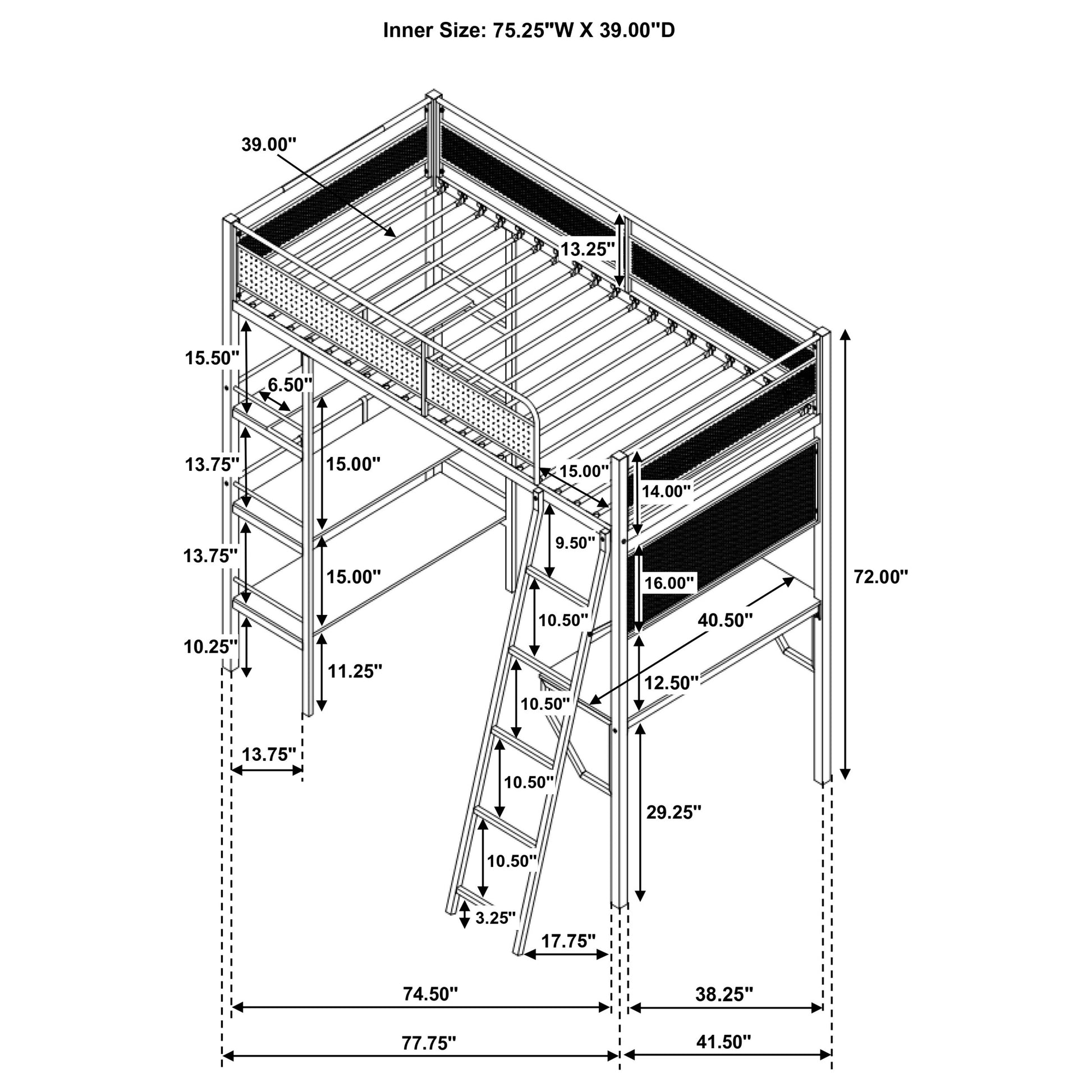William Matte Black 3-Shelf Twin Loft Bed - Compact Bedroom Design