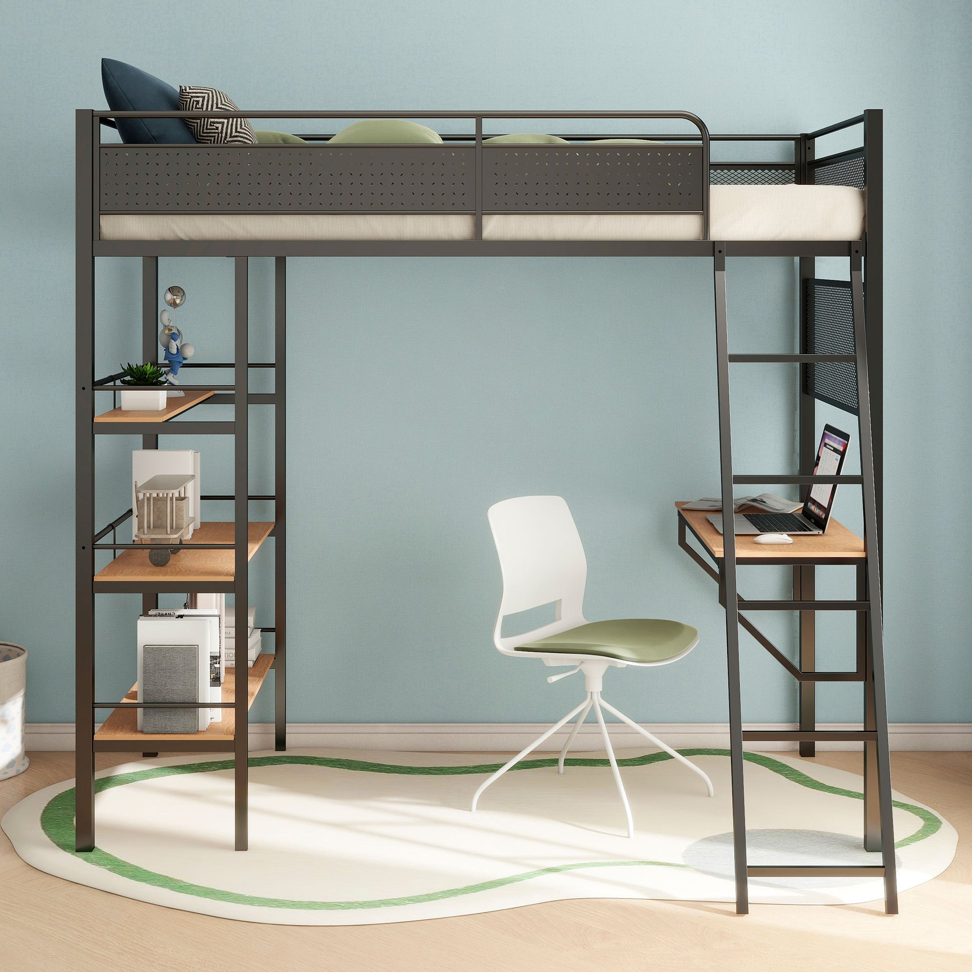 William Matte Black 3-Shelf Twin Loft Bed - Compact Bedroom Design