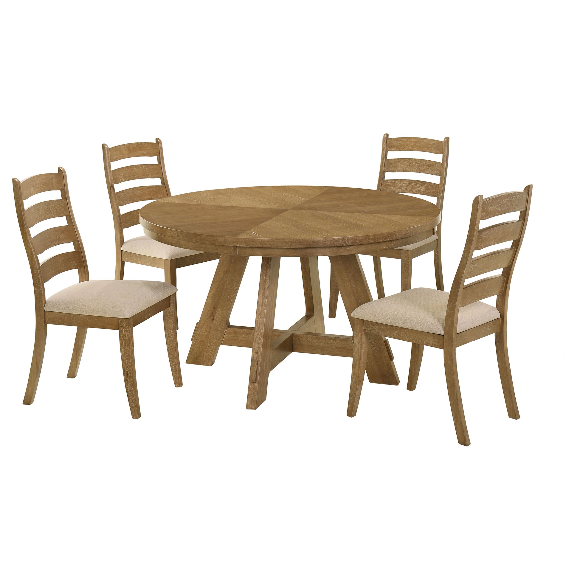 Round Oak Dining Table Set with Upholstered Chairs