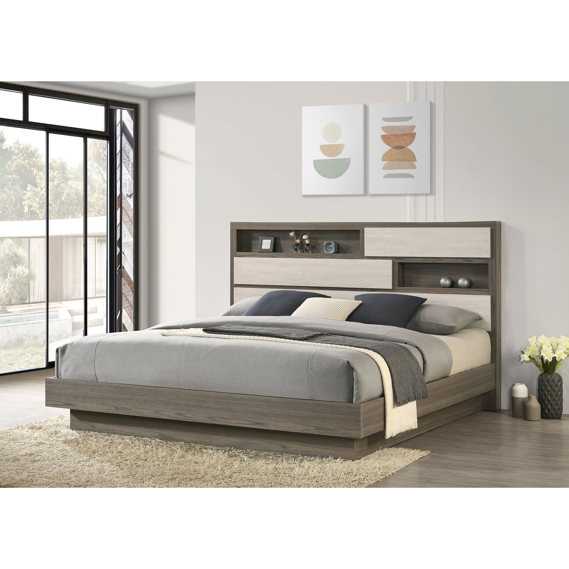 Grey Oak Eastern King Bed Bookcase Headboard