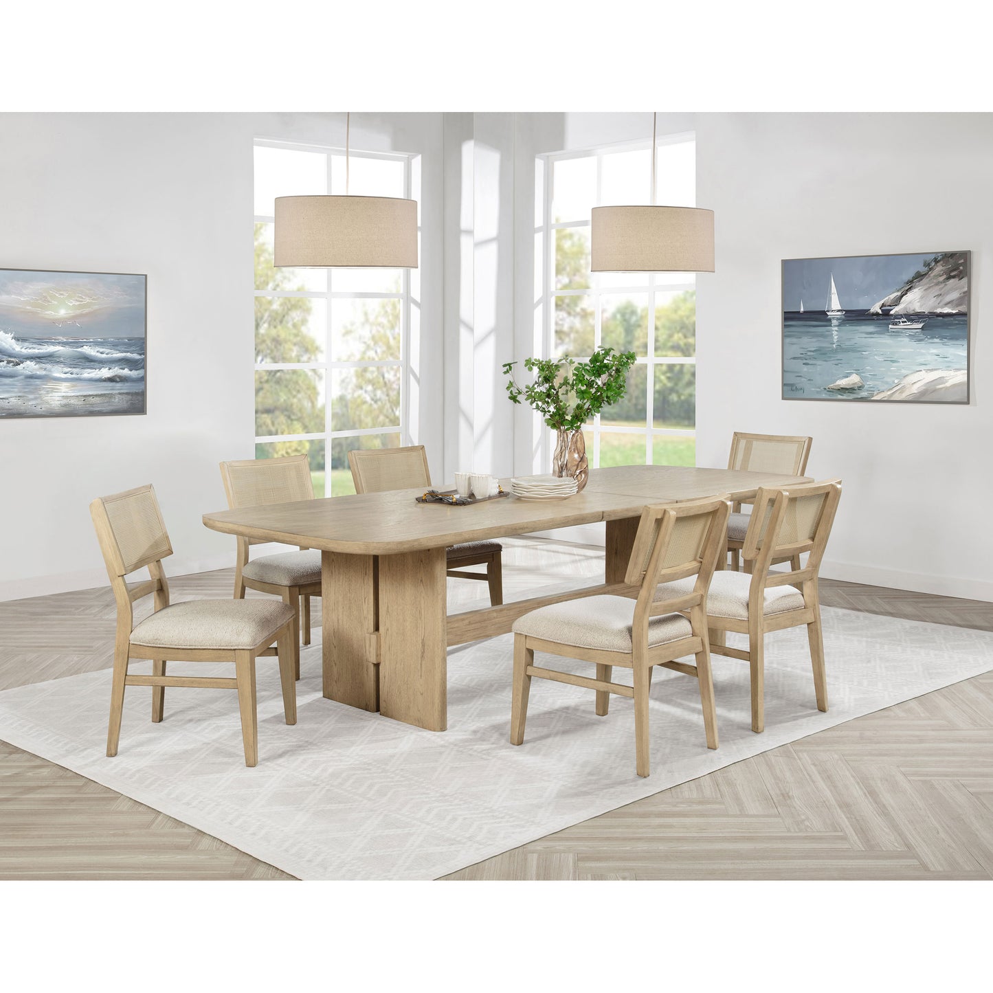 Beige Oak 7-piece Rectangular Wood Dining Table Set
