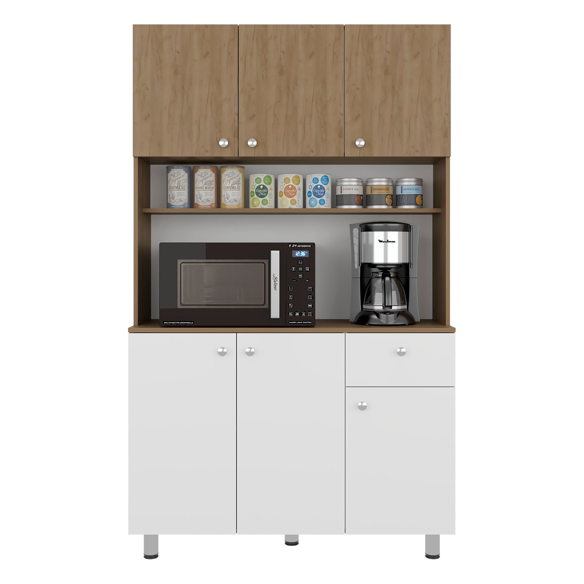White & Natural Oak 6-Door Kitchen Storage Cabinet - Durable Sideboard