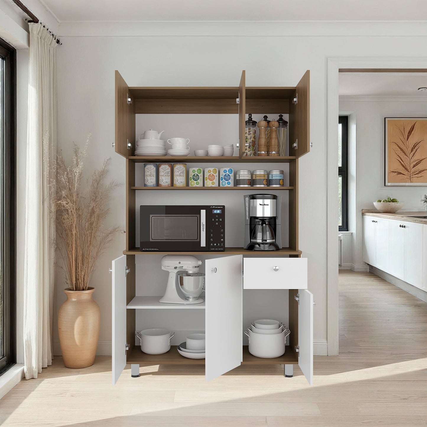 White & Natural Oak 6-Door Kitchen Storage Cabinet - Durable Sideboard