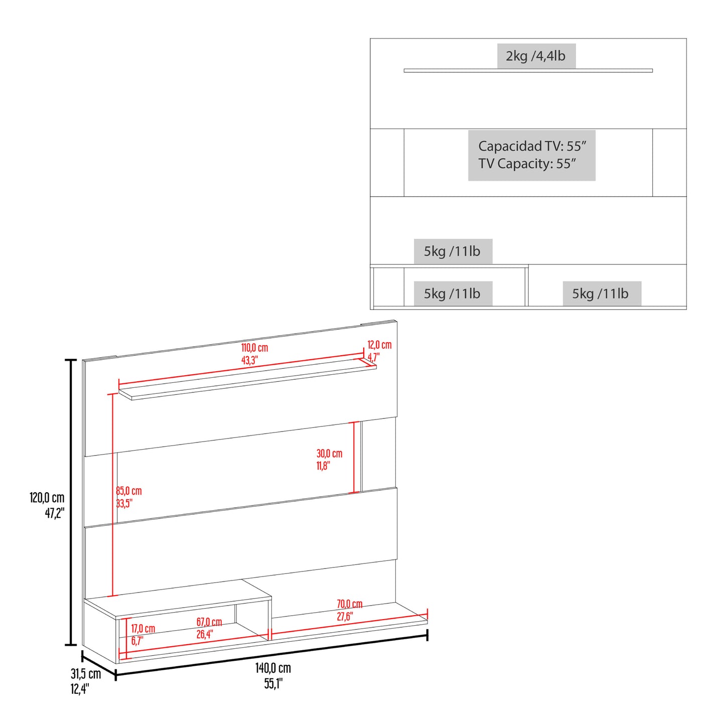 White Modern TV Stand with Shelves - 12.4 x 55" for Living Room