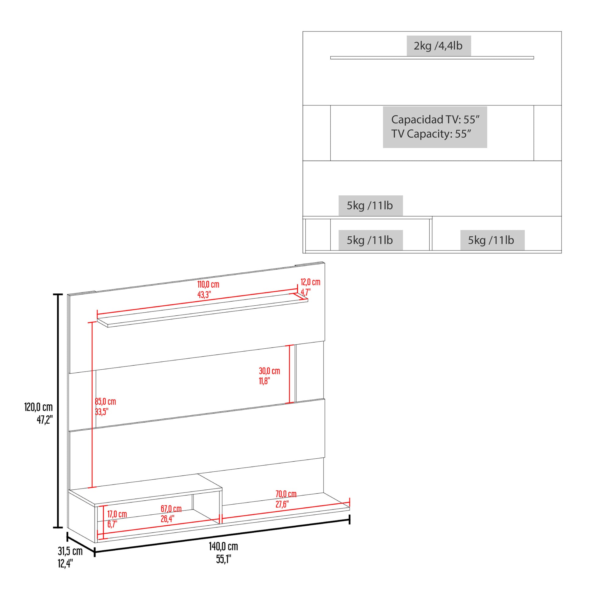 White Modern TV Stand with Shelves - 12.4 x 55" for Living Room