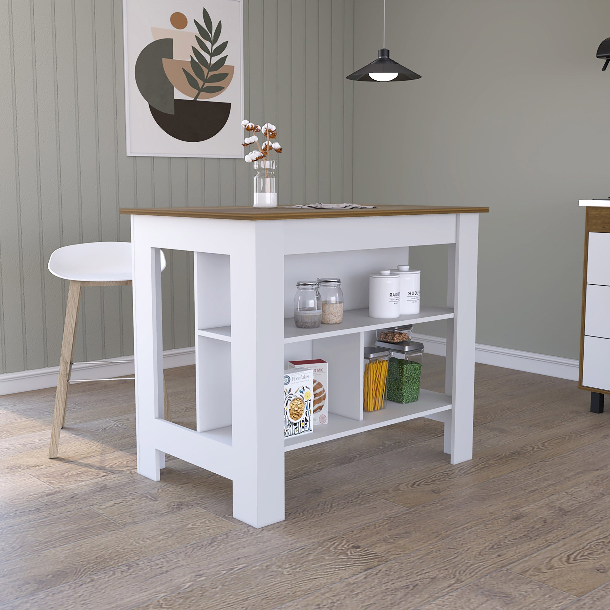 Multicolor Particle Board Kitchen Island with Three Storage Shelves