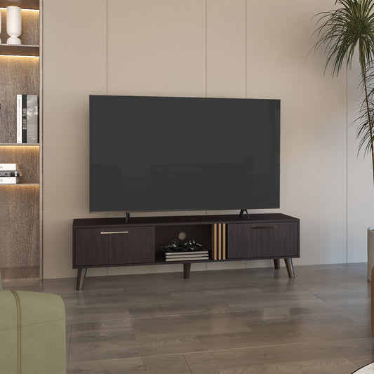 Vance 63" Wide Tv Stand  with Two pull down Cabinets, Two Shelves, Cable Management , Living Room, Tv Room Black Wengue - Light Oak