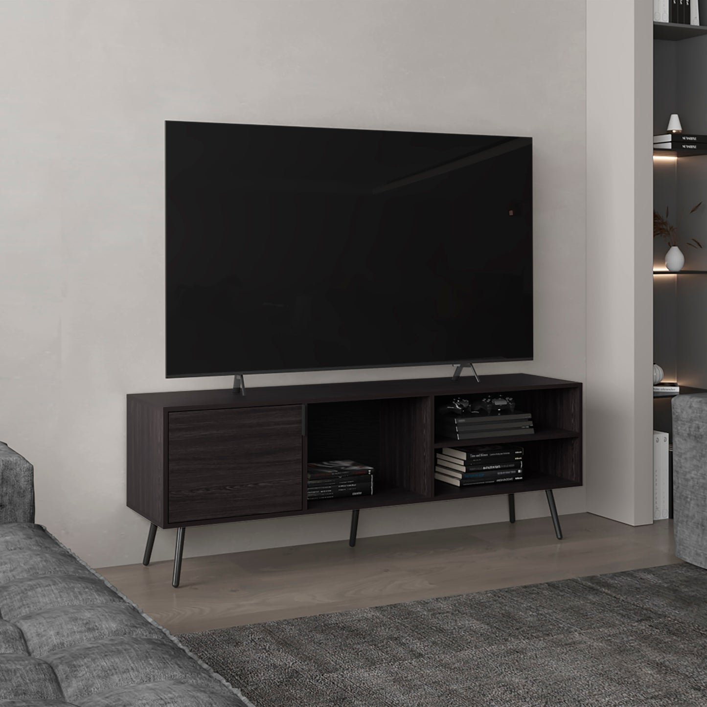 Vulcan 63" Wide Tv Stand with One Cabinet, Three Open Shelves, Cable Management, Living Room, Tv Room Black Wengue