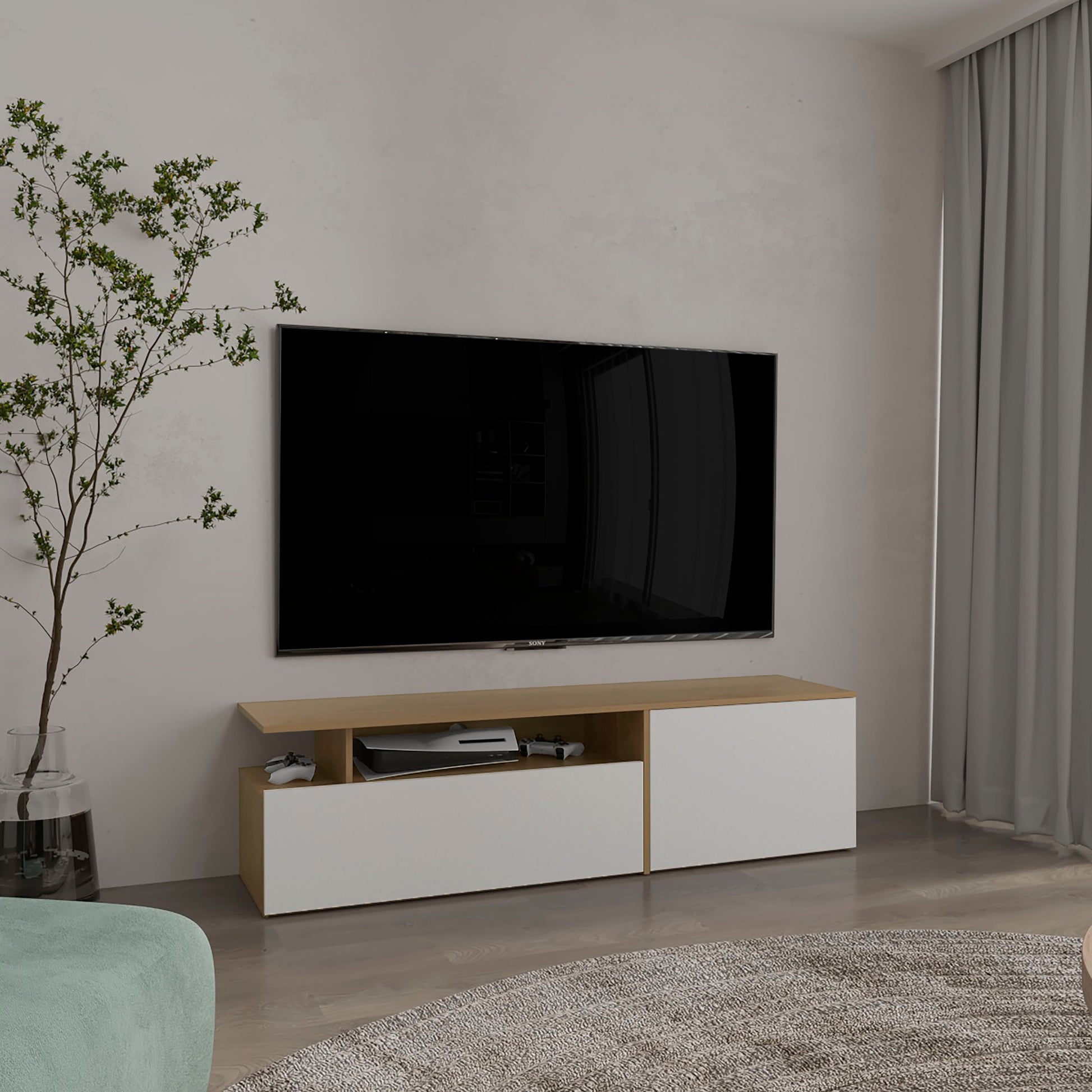 Selma Floating 63" Wide Tv Stand with Two Cabinets, Six Shelves, Cable Management , Entertainment Center for Living Room , Wall Shelf Cabinet Natural Oak - White