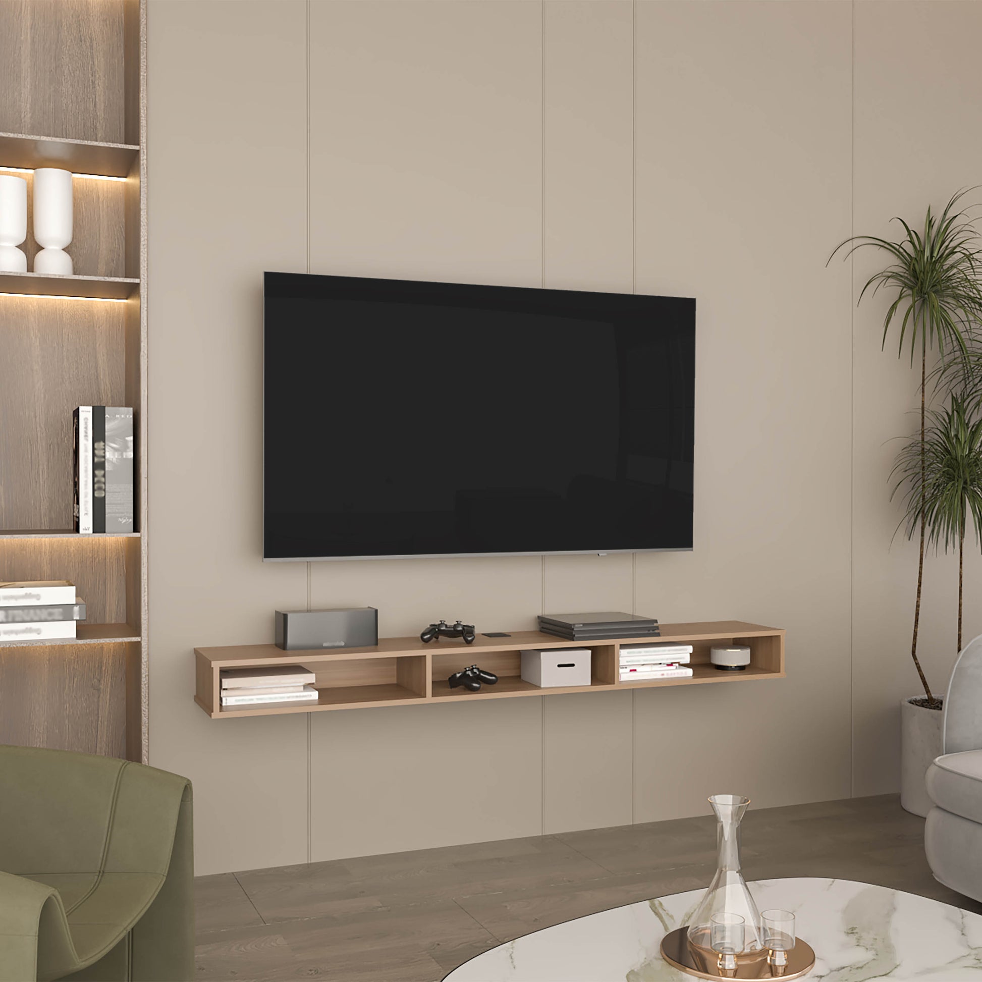 Luft 71" Wide 3-Shelves Floating TV Stand,Wall Mounted,  Media Console Entertainment Center with cable management, for Living Room, Bedroom Natural Oak