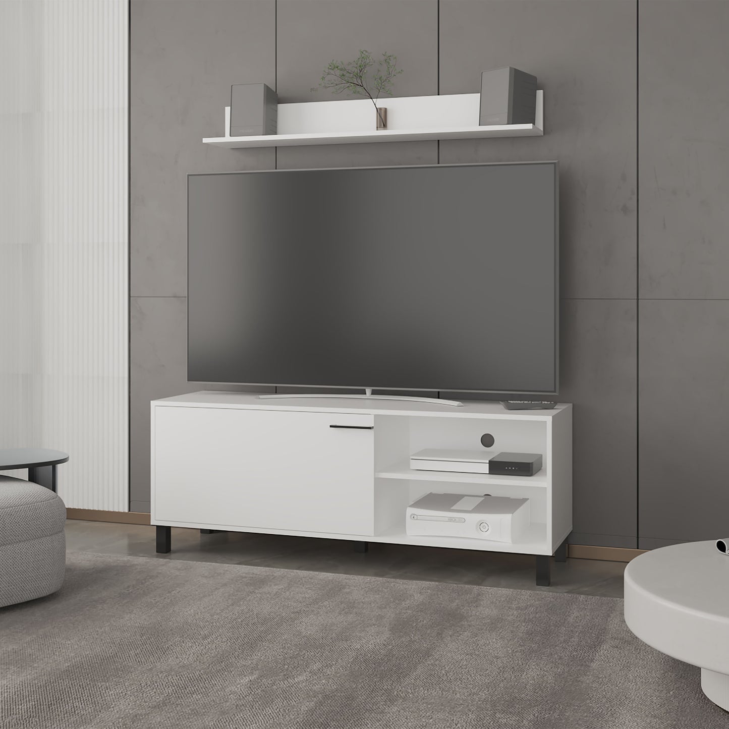 Bryce Tv Stand Two Doors, Open Shelves andSpacious Top Surface, Modern Entertainment Unit