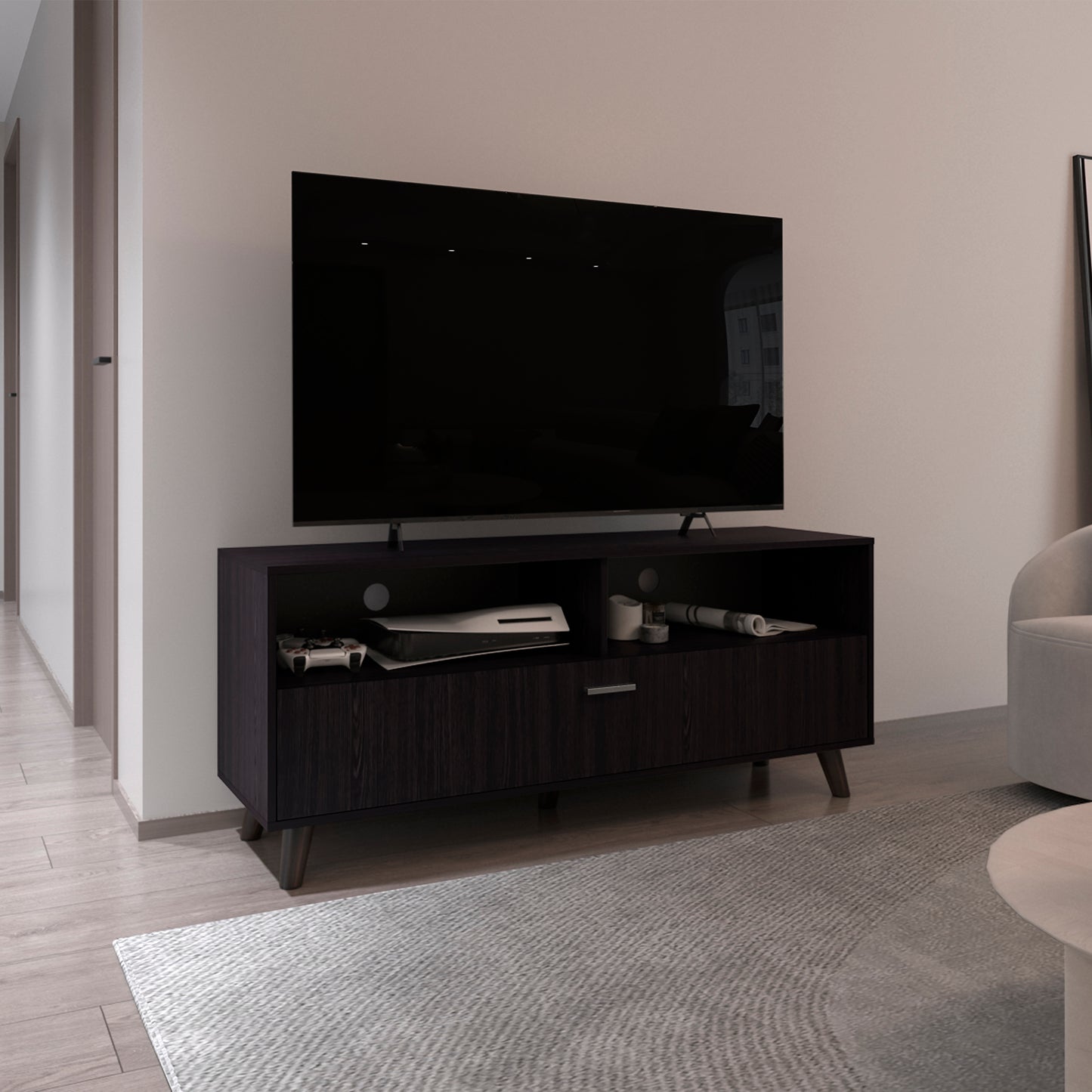 Patrick Tv Stand With 2 Doors And Open Storage Shelves, Modern Entertainment Center, Black