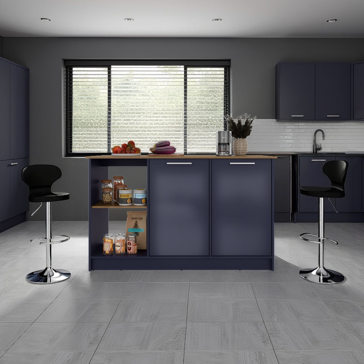 Juniper Kitchen Island With Large Top Surface, Double Door Cabinet, And Open Shelves