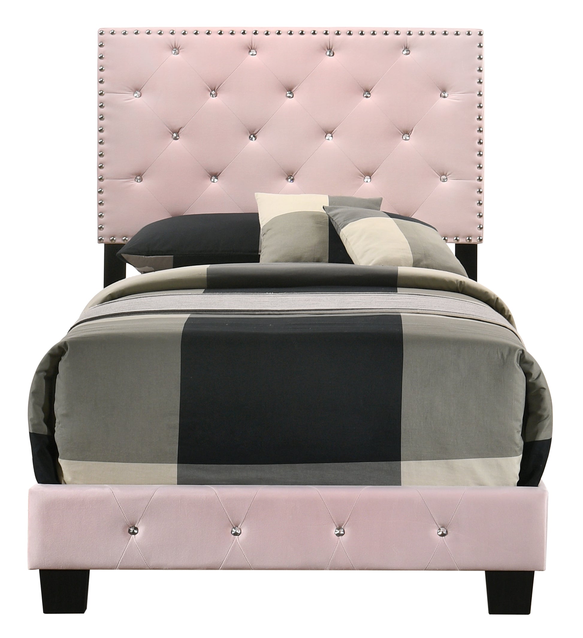 Pink Velvet Twin Bed Frame - 47"H x 42"W x 77"D for Bedroom