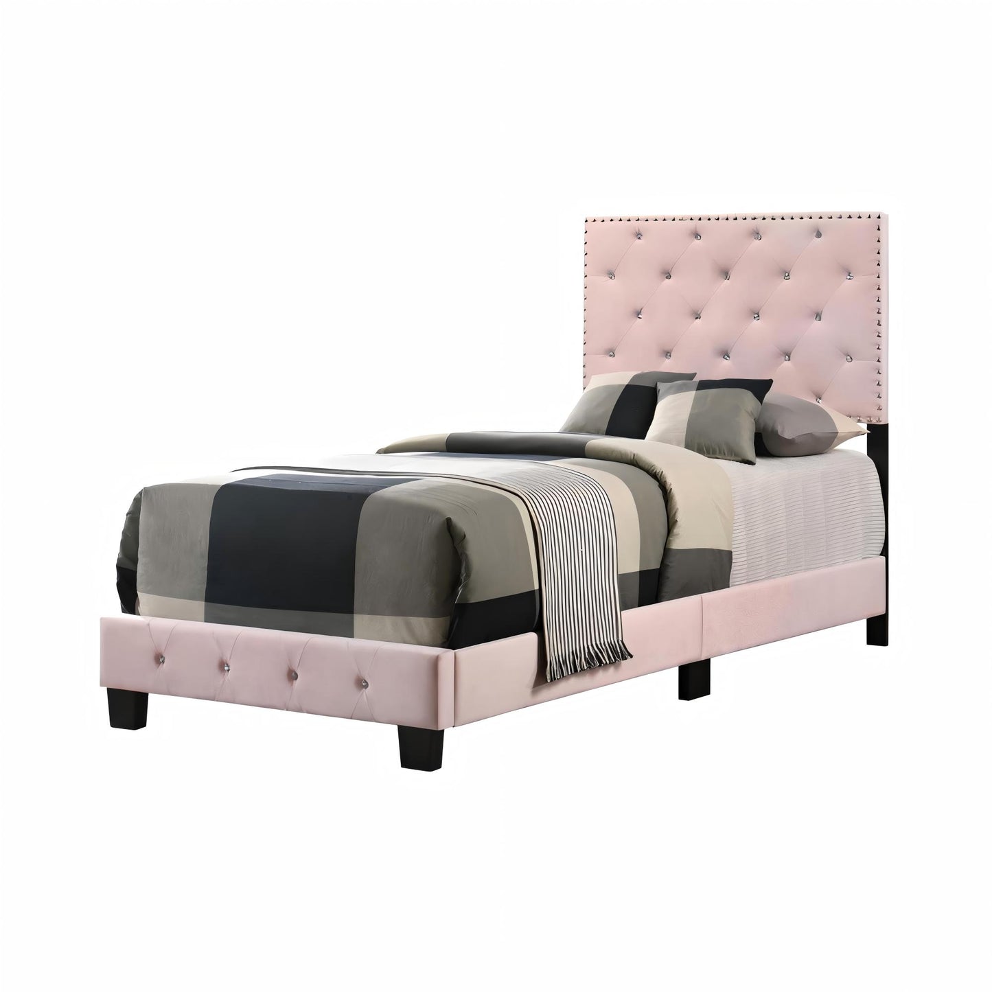 Pink Velvet Twin Bed Frame - 47"H x 42"W x 77"D for Bedroom